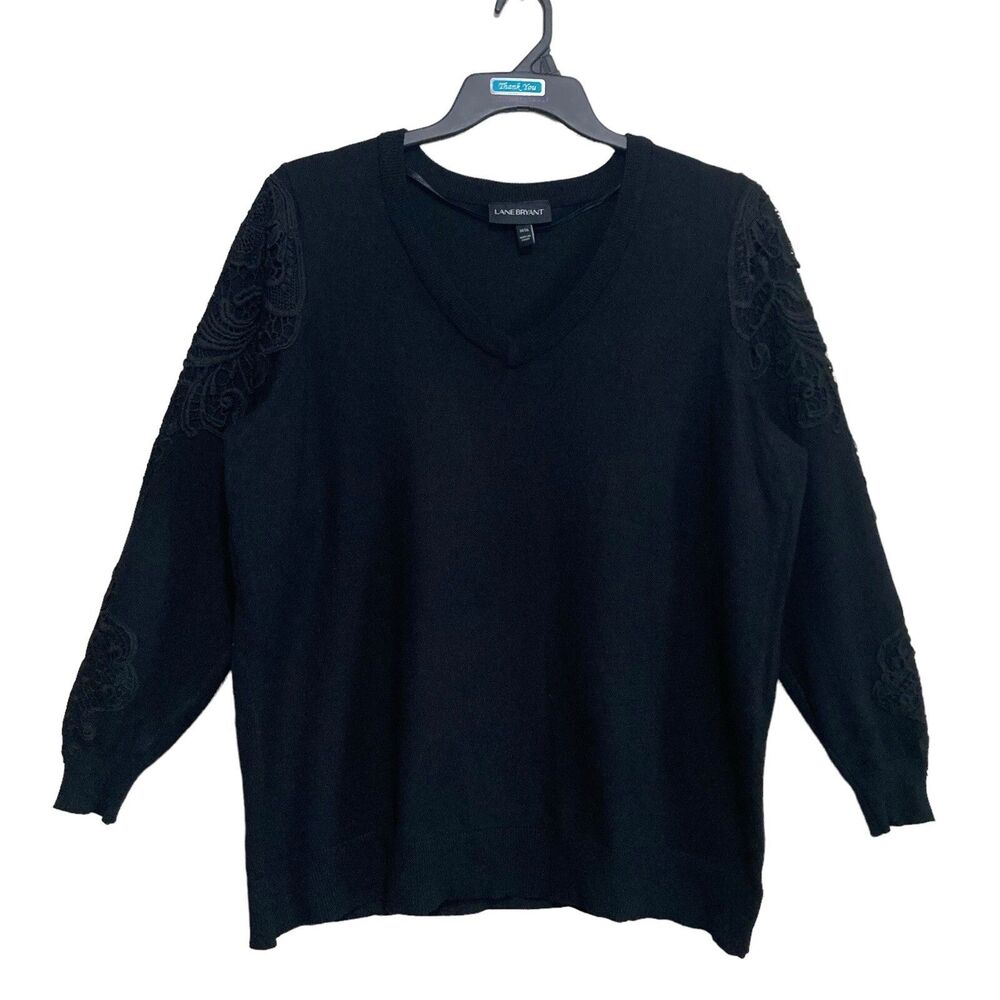 Lane Bryant Knit Sweater Womens Size Size 14 Black Crochet Lace Sleeve Embellish